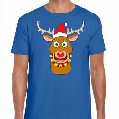 Foute kerst t shirt rendier rudolf rode kerstmuts blauw heren