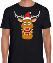 Foute kerst t-shirt rendier rudolf rode kerstmuts zwart heren